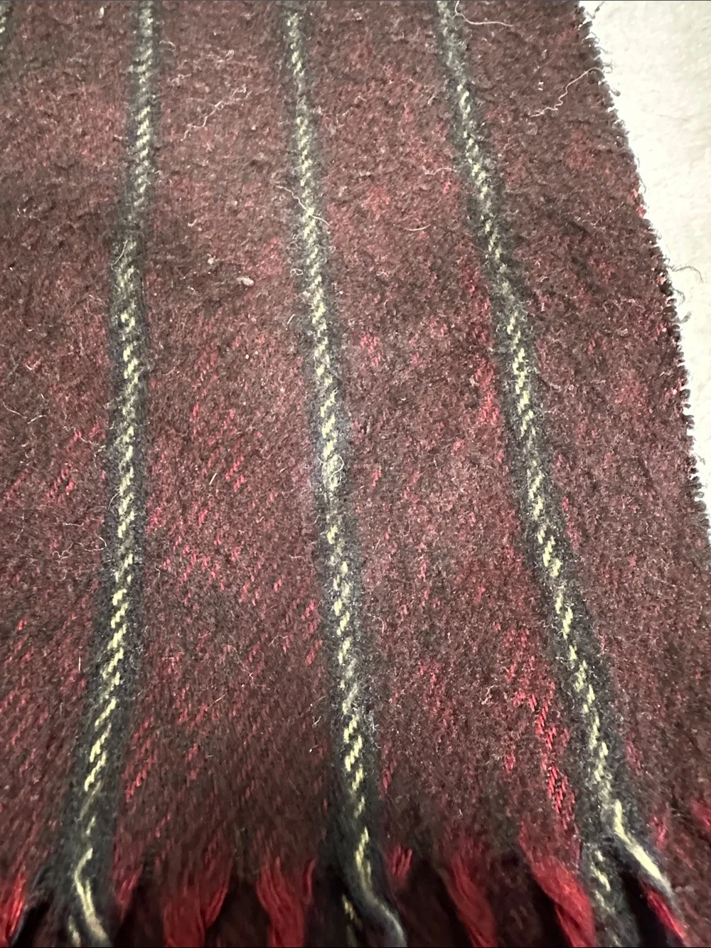 Dior Vintage Men's Burgundy Pinstripe Fringe Scarf with Red Tassels